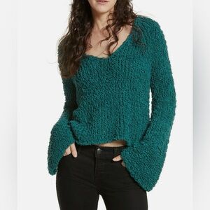 FREE PEOPLE Teal Green Sand Dune Bell Sleeve Cotton V Neck Texture Sweater Top S
